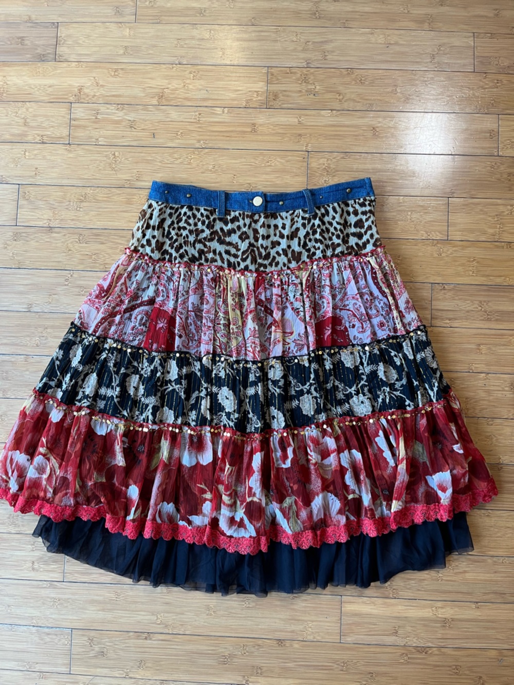 XOXO Y2K Tiered Mixed Media Floral Patchwork Low Rise Artsy Skirt with Sequins - Picture 2 of 12